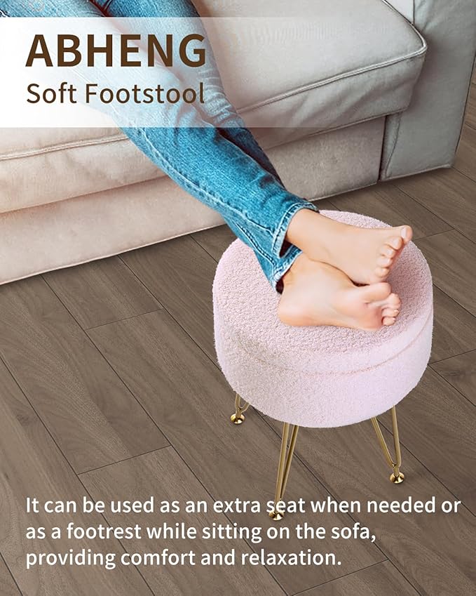 ABHENG Storage Ottoman Round Footrest Stool, Vanity Stool Chair Faux Teddy Fur with Storage, Pouf Couch Stool, Dressing Table Seat, Modern Multifunctional Chairs, 12.6"x12.6"x17.4" Jelly Pink UASND51P