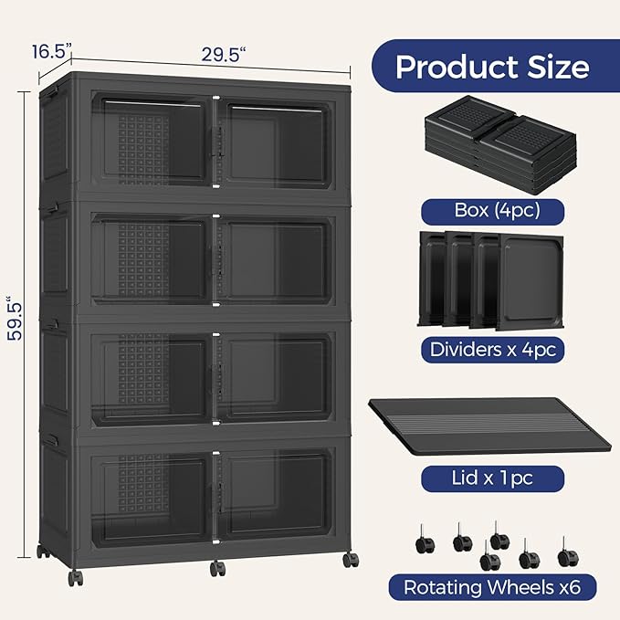 160GAL Storage Bins with Lid and Wheels, Stackable Closet Organizers and Storage Drawer, Collapsible Storage Box with Dividers, Foldable Plastic Cabinets for Room, Kitchen, 4 Pack Black