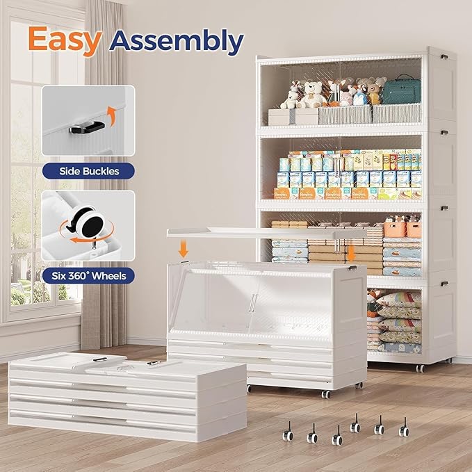 320GAL Extra Large Storage Bins with Lid, 1280QT Collapsible Organizer with Wheels, Stackable Closet Cabinet with Doors, Folding Storage Containers for Home, Office, Kitchen, 4Pack White