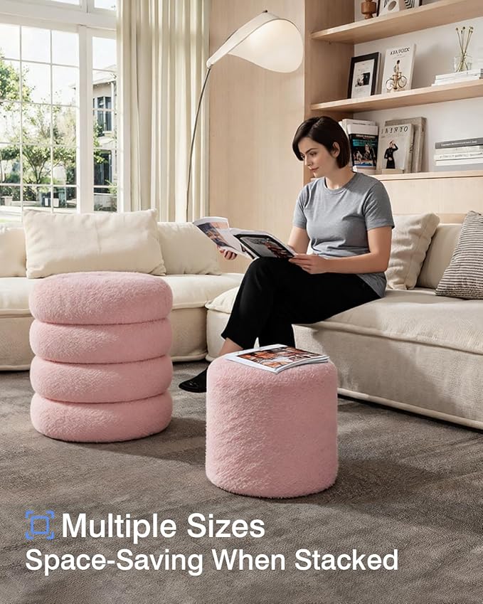 Round Set of 2 Sherpa Storage Ottoman Stool Boucle Vanity Stool Footstool with Removeable lid Load up to 440 lbs for Livingroom Bedroom Pink UASND68P