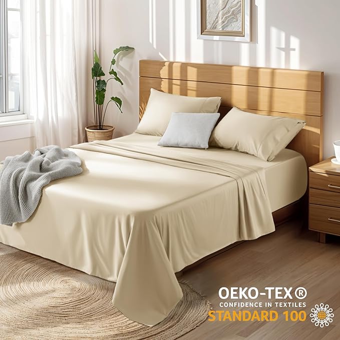 LBRO2M 100% Cotton Sheets Set Deep Pocket 19", 1000 Thread Count California King Size 4 Piece Bed Sheet Sets Soft Comfortable Bedding All Season (California King, Linen)