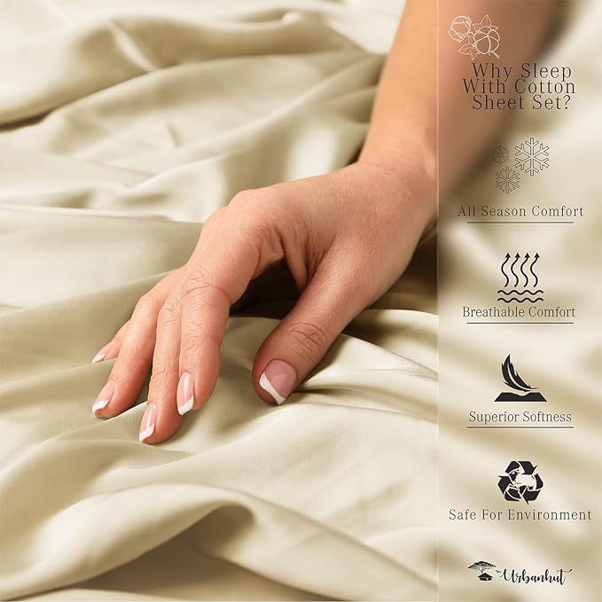URBANHUT 800 Thread Count 100% Cotton King Size Sheets, Luxury 4 Piece King Bedsheets, Hotel Sheets Sateen Finish - Better Than Egyptian, 16" Elasticized Deep Pocket - Sand