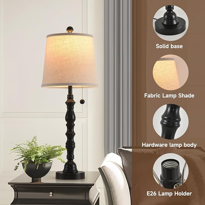 Terpsichore Lamps for Living Room Modern Farmhouse Table Lamp Bedside Reading Lamps Night Stands Bedroom Night Lamp,with Fabric Lamp Shade (Black (Single Pack), High 26.25 in)