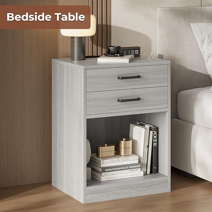 ADORNEVE Nightstands Set of 2,Grey Nightstand with Charging Station & Drawers,Night Stands for Bedrooms Set of 2