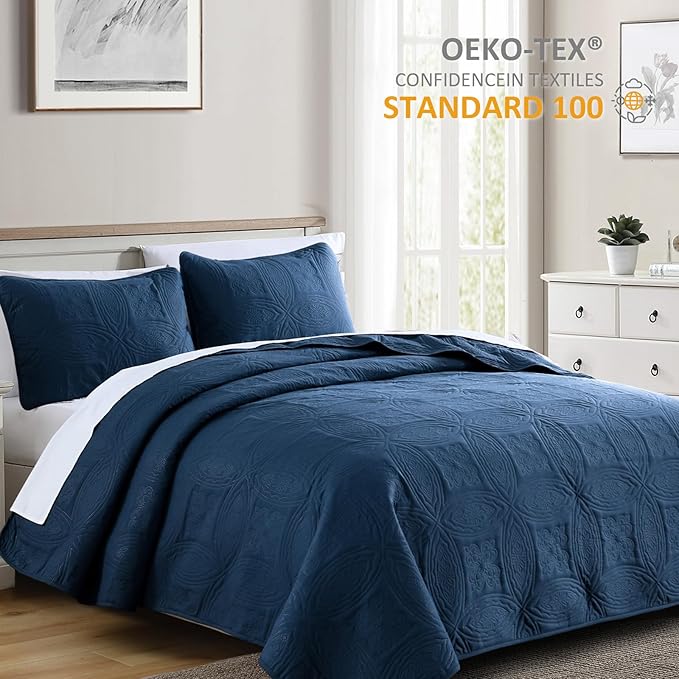 Yiran Navy Blue Quilt Set Queen Size Lightweight Bedspread Embossed Pattern Soft Microfiber Coverlet for All Season with 2 Pillow Shams (96"x90")