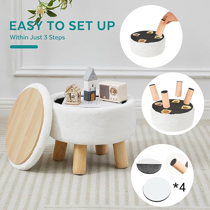 FIMIVIBI Small Foot Stool Ottoman with Storage, Soft Faux Fur Ottoman Foot Rest for Couch, Round Footstool with Storage, Small Ottomans and Footstools for Living Room and Entryway (White)