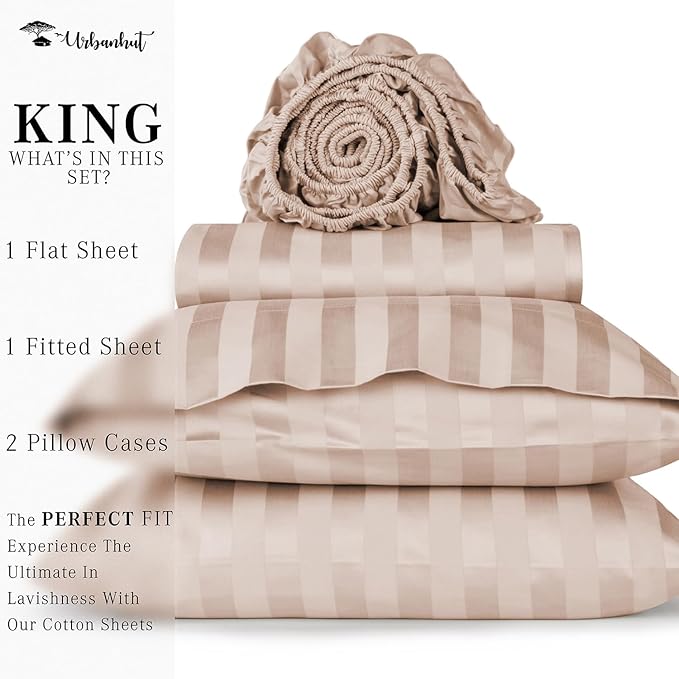 URBANHUT 800 Thread Count 100% Cotton Damask King Size Sheets, 4 Piece Striped King Size Bedsheets, Luxury Hotel Sheets Sateen Weave - Better Than Egyptian, 16" Elasticized Deep Pocket- Blush Pink