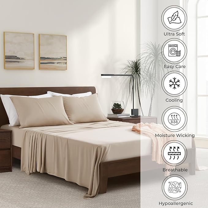 Luxury Bamboo Market | King Size Bed Sheet Set | 100% Viscose Made from Bamboo | Organically Grown | Ultra Soft | Cooling Sheets for Hot Sleepers | 17" Deep Pocket [Dune]