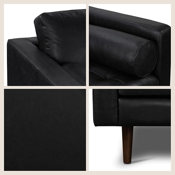 POLY & BARK Napa 88.5" Leather Sofa – Full-Grain Italian-Tanned Aniline Leather, Feather-Down Comfort, Solid Wood Frame, Walnut Legs, Onyx Black