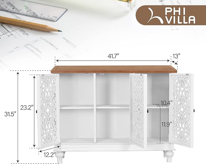 PHI VILLA White Accent Cabinet with Doors, Farmhouse Credenza Cabinets for Living Room, Sideboard Buffet Cabinet with Storage
