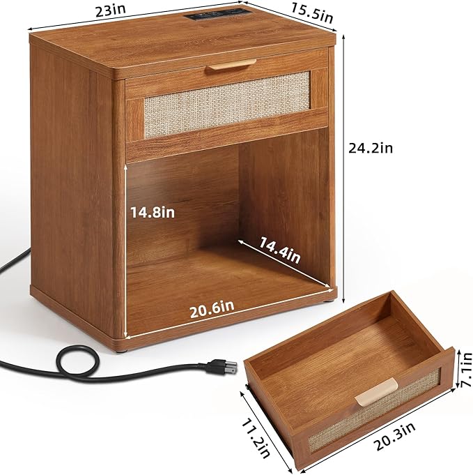 LEYAOYAO Rattan Nightstand with Charging Station, 23" Wide Boho Night Stand with Drawer, Natural Wood Bedside Table Open Storage Cabinet, Bed Side End Tables Dresser for Bedroom, Living Room, Hallway