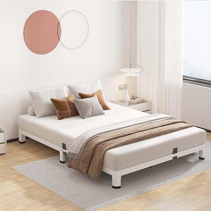 ROIL 4 Inch White Full Bed Frame with Rounded Corner and Mattress Retainers, 3500LBS Heavy Duty Steel Slats No Box Spring Needed Platform Noise-Free Easy Assembly
