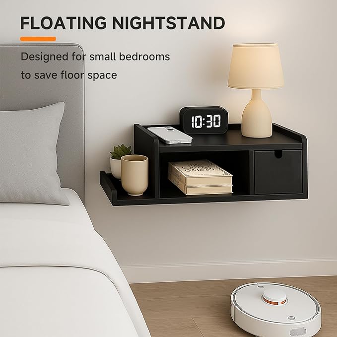 Floating Nightstand with Drawer & Shelf,Wall Mounted Bedside Table for Small Bedrooms,Modern Black End Table with Space Saving Design（Black）