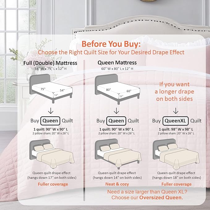KASENTEX Queen Quilt Set 90"x90" – Soft Washed 3-Layer Lightweight Bedspread, Minimalist Nordic Design, All-Season Spring & Summer Quilt Set (1 Quilt + 2 Pillow Shams), Blush Pink