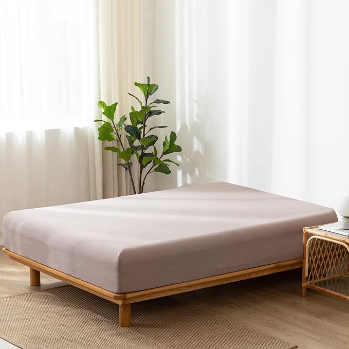MooMee Fitted Bottom Sheet Only 100% Washed Cotton Linen Like Textured Breathable Durable Soft Comfy Deep Pocket Fits Mattress up to 17" (Mauve Brown, Twin)
