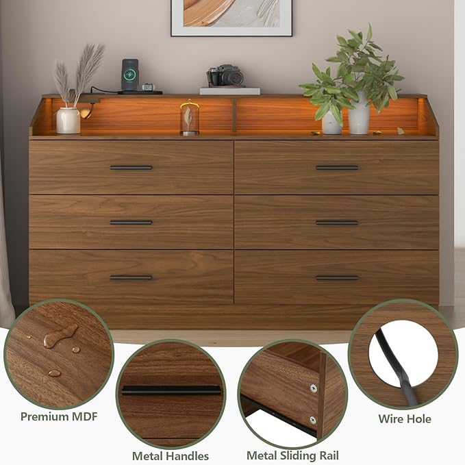 6 Drawer Dresser with Power Outlet, Chest of Drawers with LED Light, Modern Dresser with Open Storage Cubby, Double Wide Dressers Organizer for Bedroom, Living Room, Entryway,Hallway