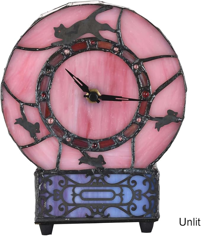 Bieye L10911 Cat and Mouse Tiffany Style Stained Glass Desk Clock Table Lamp for Home Decor (Pink)