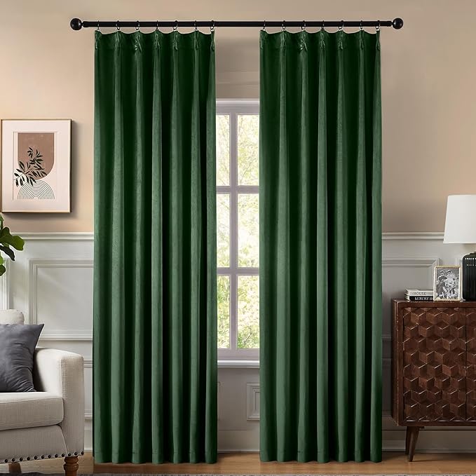 Pinch Pleated 100% Blackout Curtains for Bedroom, Olive Green Velvet Curtains for Living Room, Black Out Curtain 90 inch Long Room Darkening, Blackout Pinch Pleat Drapes with Hooks 2 Panels