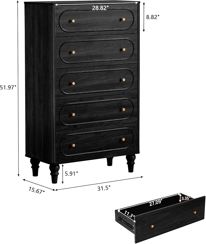 ORRD 5 Drawer Fluted Dresser for Bedroom Set of 2, Mid Century Modern Chest of Drawers, Wood Storage Large Dresser Organizer for Bedroom Living Room Hallway Closet, Black