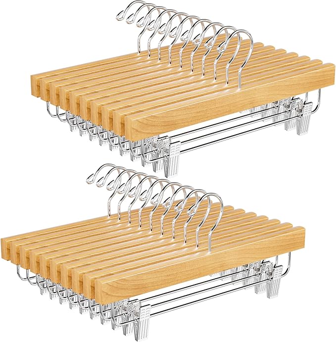 BAGAIL 20 Pack Wooden Pants Hangers with Adjustable Clips, 360°Swivel Hook Space Saving Skirt Holders with Anti-Rust Clips for Trousers, Jeans, Shorts (Natural)