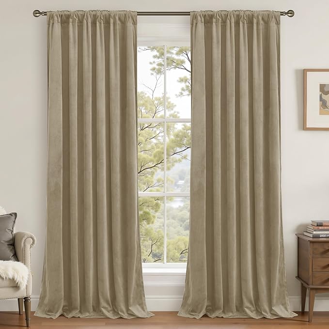 LAMIT Dark Taupe Velvet Curtains for Living Room, 108 Inch Thick Room Darkening Drapes Room Decor Back Tab and Rod Pocket Thermal Panels for Bedroom/Farmhouse, 2 Panels, 52 x 108 Inch