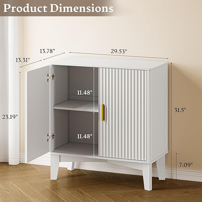 Storage Cabinet with Doors and Adjustable Shelf, Modern Fluted Sideboard Buffet Cabinet, Freestanding Coffee Bar for Kitchen, Pantry, Entryway, Living Room (White)