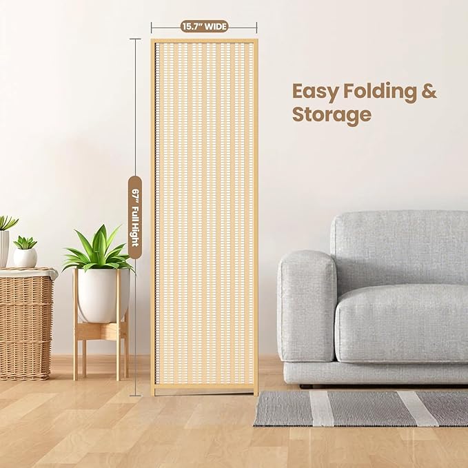 4 Panel Room Divider and Extra Wide Folding Privacy Screen, 63" W x 67" H, Bamboo Room Divider for Room Separation