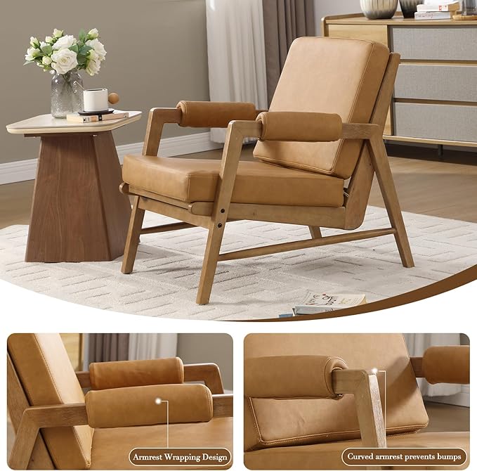 HEAH-YO Modern Accent Chair Set of 2, Upholstered PU Leather Living Room Chair with Wooden Frame, Comfy Armchair with Thick Cushion for Bedroom Balcony, Brown