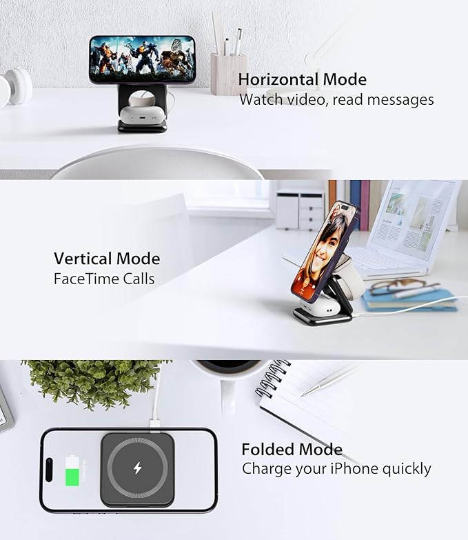 Foldable Magnetic Wireless Charger, KU XIU X40 Aluminum Alloy 3 in 1 Charging Station for Apple, Fast Charging Travel Charger for iPhone 17 16 15 14 13 12, 5W for Apple Watch & AirPods, Black