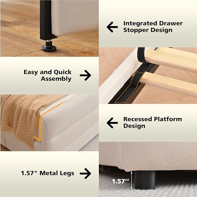 VELOCAVA Queen Size Upholstered Platform Bed with Tall Headboard and Footboard, 2 Side Storage Drawers, Modern Beige Fabric Bed Frame, No Box Spring Needed, Slatted Base Support, Easy Assembly