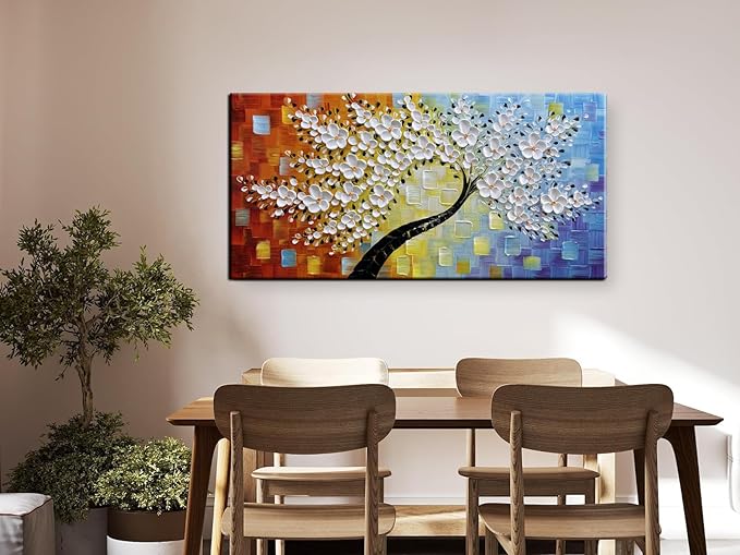 YaSheng Art -Handmade Colorful 3D Flowers Art Oil Painting On Canvas Texture Palette Knife Tree Paintings Modern Abstract Canvas Wall Art Home Interior living room Bedroom Decor Art 24x48inch