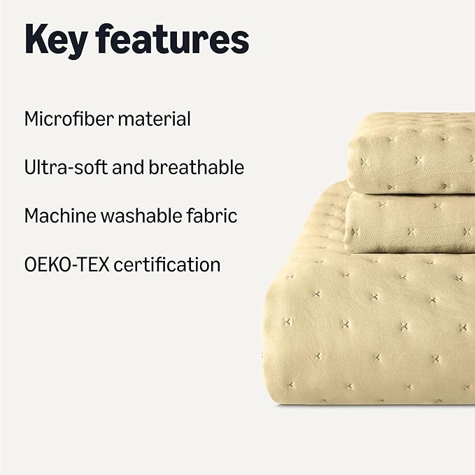 Amazon Basics Brushed Microfiber Quilt Set, Extra Soft with Natural Texture, 3-Piece,Queen/Full, Beige