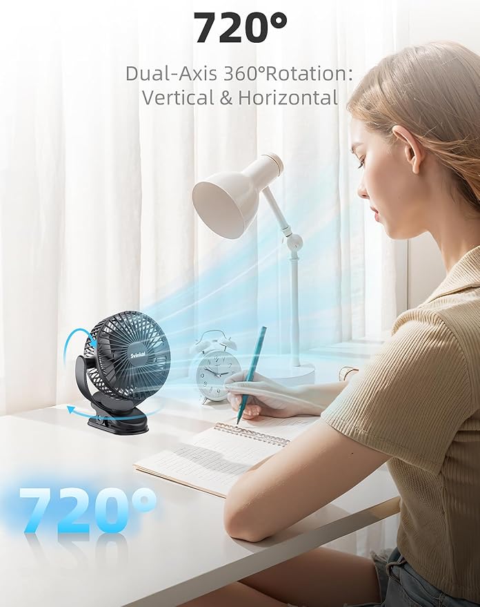 Svinkal USB Portable Clip on Fan, 2400mAh Battery Type-C 6in, 3 Speed 720° Tilting Head, Black Personal Rechargeable Fan for Desk, Bedside, Golf Cart, Baby Stroller, Indoor & Outdoor Use