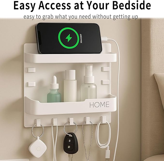 Bedside Wall Shelf Organizer with 5 Hooks & Cable Clips, Plastic Adhesive Wall Mount Storage Rack for Phone, Remote, Earphones, Kindle, Bedroom, Dorm, RV (Clear)