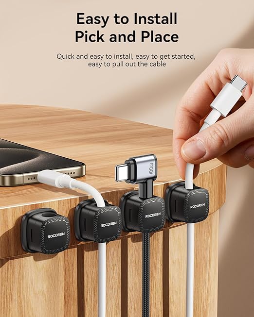 12 Pack Cable Management Cord Organizer,Magnetic Cable Clips-1s Lock,Rocoren Desk Adhesive Cord Cable Clip Wire Holder Keeper for Phone Charger Wire,Nightstand,Car,Office,Desktop Accessory,Black