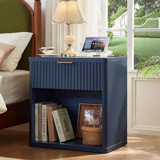 LEYAOYAO 48" Wide Fluted Dresser and 1 Drawers 23" Nightstand Set of 2, Wooden Dresser & Night Stand with Charging Station, 3 Piece Bedroom Furniture Set, Chest of Drawer for Living Room,Blue