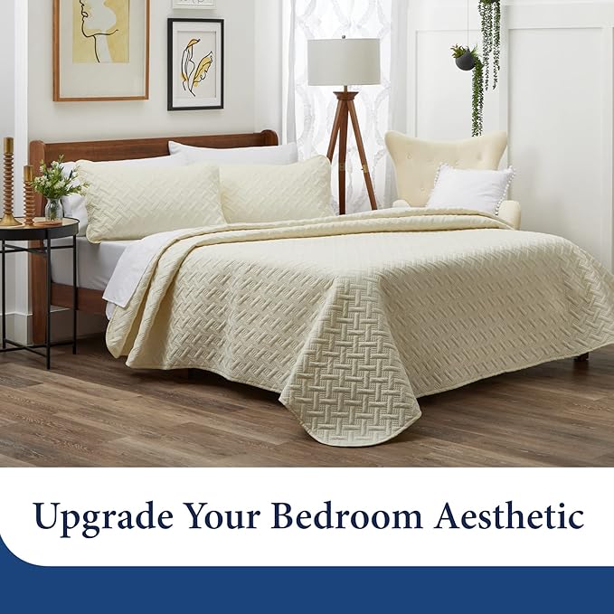 Cosy House Collection Luxury Rayon Derived from Bamboo 3-Piece Quilt Set - Ultra Soft Quilted Coverlet Bedspread - Classic Weave Stitch - Includes Quilt and 2 Pillow Shams (King/Cal King, Cream)