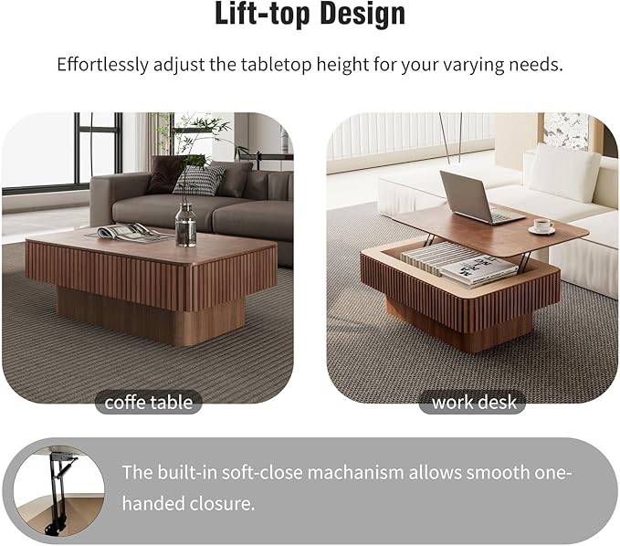 LKTART Lift Top Coffee Table for Living Room, Accent Fluted Coffee Table with Storage, Modern Solid Wood Veneered Rectangle Center Tea Table for Small Space Apartment (38.6''D×14''H-Walnut)