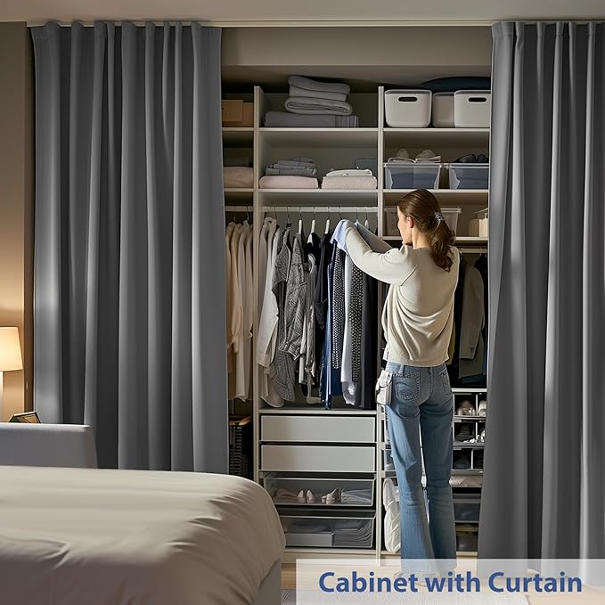 Room Divider Ceiling Mounted Curtains Track Sets Extra Wide Blackout Curtain Flexible Tracks for Bedroom Privacy Partition Separator, 1 Panel Grey Drape and White Rail, W8.3 x H8ft