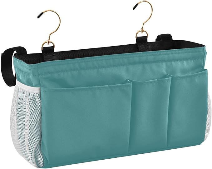 KOPIRIT Navy Teal Bedside Caddy Storage Bag Bedside Organizer for College Dorm Top Bunk Bed Hanging Storage Organizer 6 Pockets with Hooks for Drinks Magazine Phone Holder