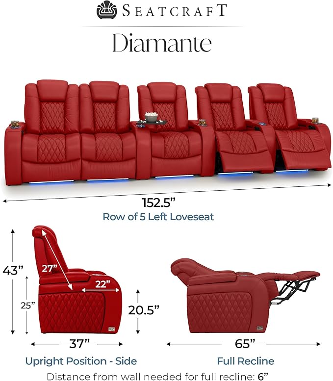 Seatcraft Diamante Zero-Gravity CoolZero Italian Leather Home Theater Seating, Power Headrest, Power Recline, Row of 5 Left Loveseat, Red