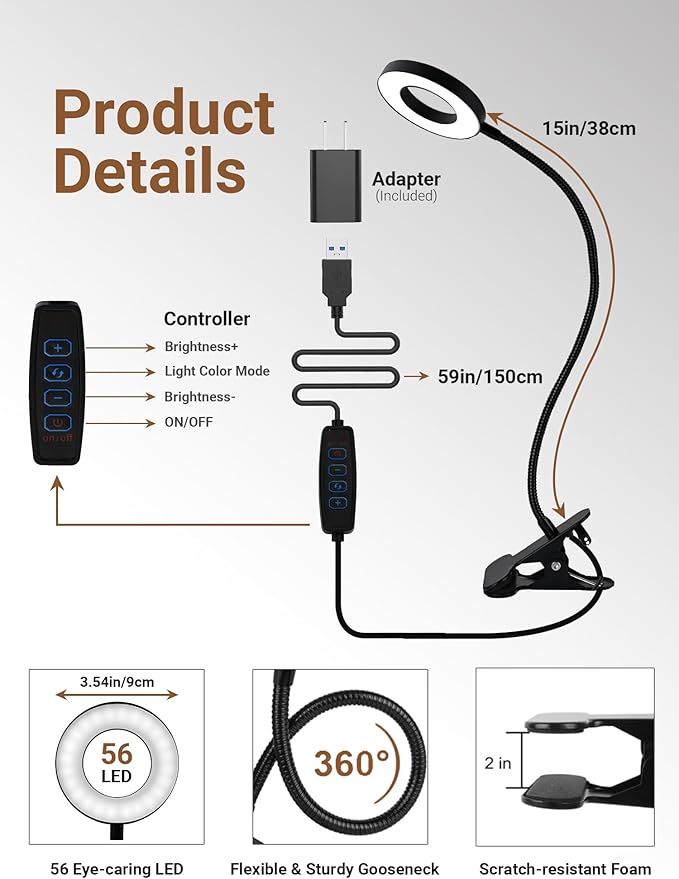 Clip on Lamp,5 Colors+10 Brightness LED Desk Lamp with Clamp,550lm Bright Clip on Light for Bed Headboard/Bedside Table,360°Adjustable Reading Light for Bed,Desk Lights for Home Office Study [Adapter]