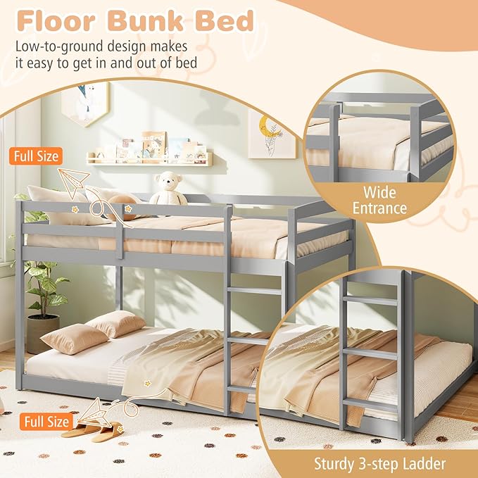 KOMFOTT Low Bunk Bed Full Over Full, Solid Wood Full Bed Frame with Built-in Ladder & Safety Guardrails, No Box Spring Needed, Space-Saving Low Bunk Bed for Kids & Teens