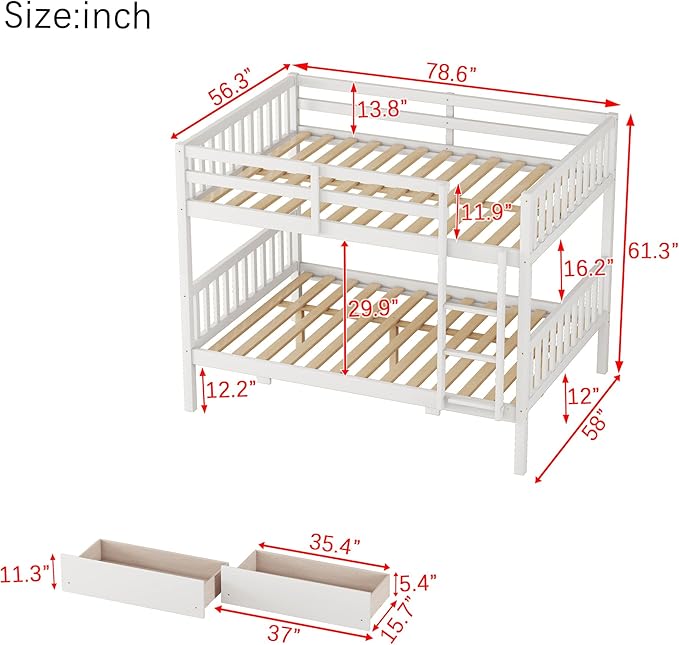 Full Over Full Bunk Bed with Storage Drawers,Convertible Bunk Beds with Ladder & Safety Guardrails,Full Size Bunk Beds for Kids Girls Boys,White