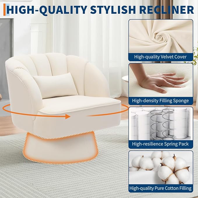 GarveeHome Modern Swivel Barrel Accent Chair, 360 Degree Velvet Upholstered Armchair with Striped Backrest & Plush Padding, Comfy Round Lounge Chair for Living Room, Bedroom, Reading Nook, Beige