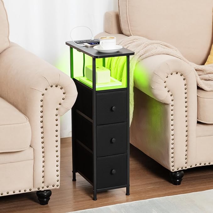 LOAKEKEL Narrow End Table Living Room with Charging Station, Skinny Side Table with Fabric Drawers, Slim LED Nightstand for Bedroom, Small Spaces, Couch, Black, HETNDP03LBK-1