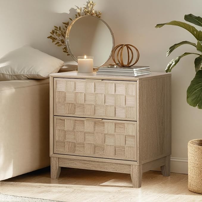 COLAMY Night Stand Set of 2, Nightstand with Charging Station, 22" Modern Bed Side Table with 2 Storage Drawers and Chessboard Relieffor Bedroom, Dorm and Small Spaces - Oak