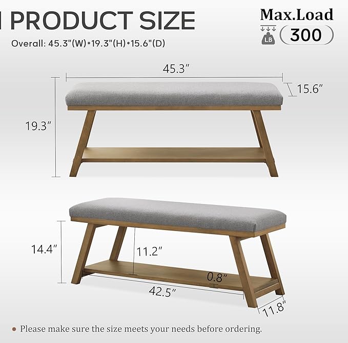 45" Entryway Bench Upholstered Storage Bench for Bedroom Shoe Rack Bench for Living Room, Hallway, Mudroom, Balcony, Sturdy Indoor Bench Seat Holds Up to 300 lbs (Grey)