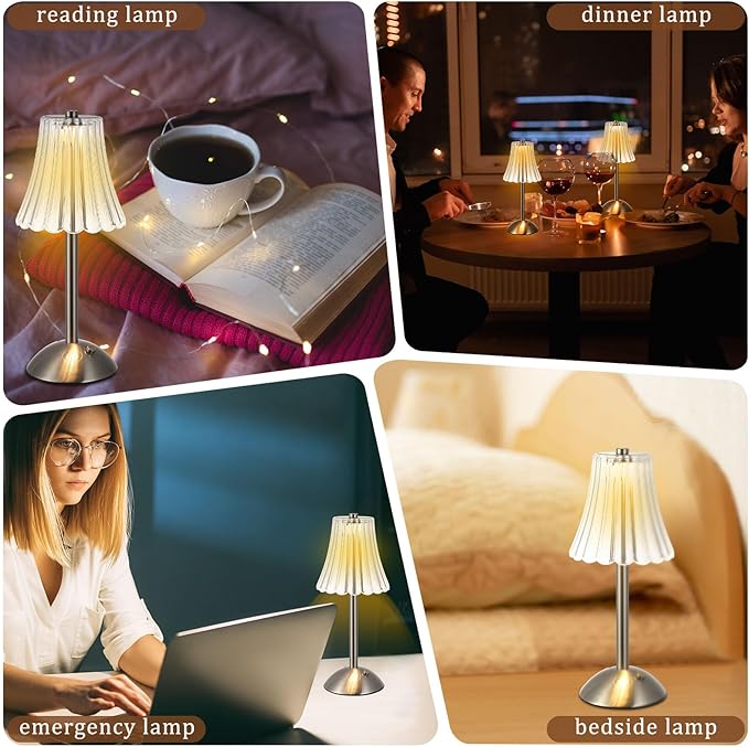 Liliful 2 Pcs Cordless Table Lamp Rechargeable Touch LED Small Gold Portable Battery Operated USB-c Desk Lamp 3 Color Dimmable for Bedroom Living Room Dining (Silver,Rose Style)