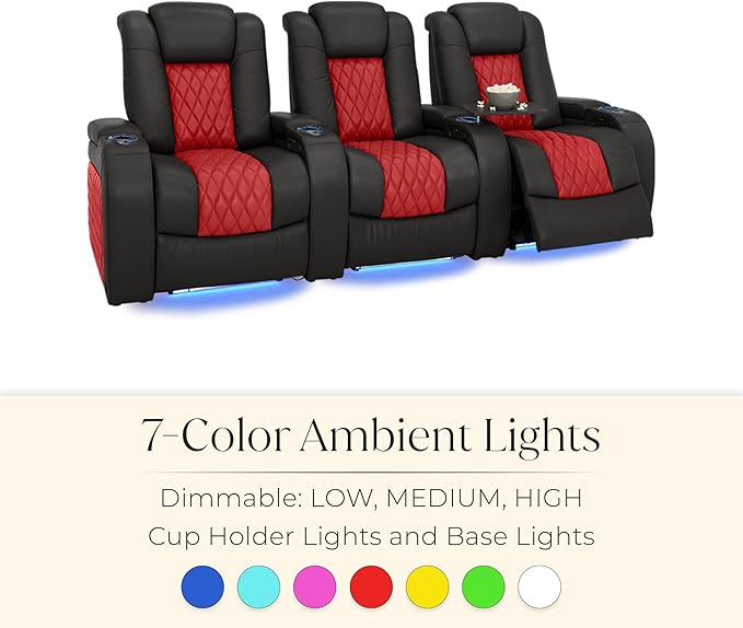 Seatcraft Diamante Zero-Gravity CoolZero Italian Leather Home Theater Seating, Power Headrest, Power Recline, Row of 5, Black/Red